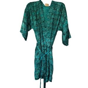 Inner Most vintage Teal Green Gold Damask Satin Kimono Robe Tie Waist OS